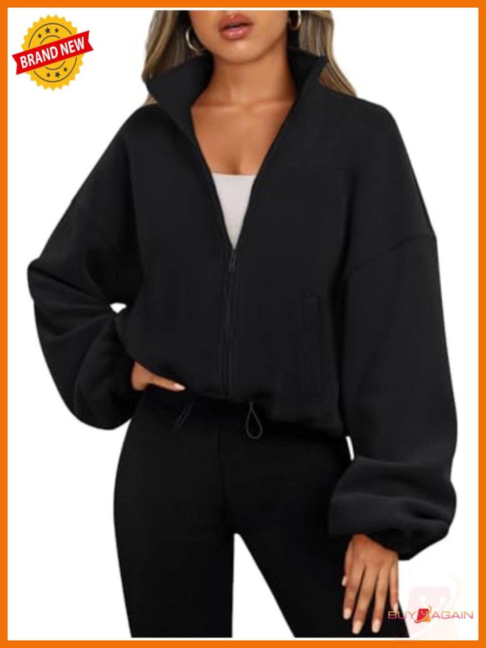 Womens Fleece Jacket Zip Up Oversized Cropped Sweatshirt